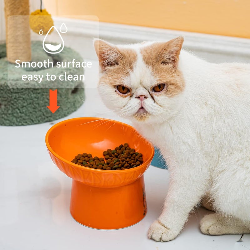 OMAYKEY 6.5 Inch Extra Wide Ceramic Raised Cat Bowl Set, Tilted Elevated Cat Bowls for Food and Water, Prevent Whisker Fatigue, Stress Free, Less Vomiting, Protect Spine, Lead & Cadmium Free, White & Orange - Image 5